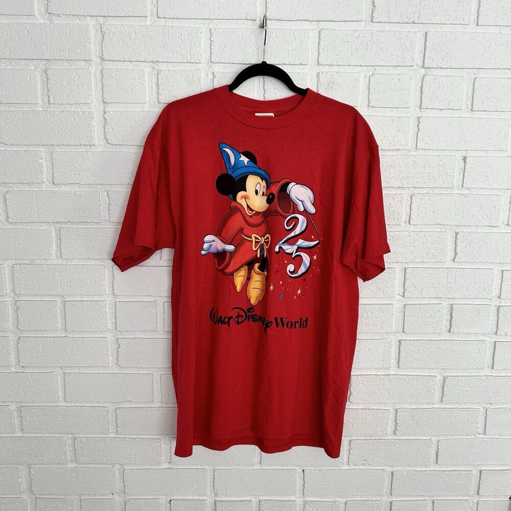 Vintage Walt Disney World 25th Anniversary T Shirt Mens XL Red Mickey Wizard